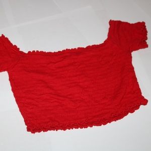 Red Scrunched Off The Shoulder Crop Top